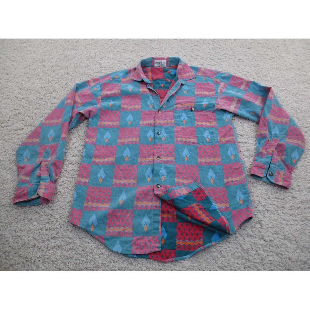 Vintage Zeppelin Shirt Mens Medium Blue Pink Button Long Sleeve Geometric Hippie